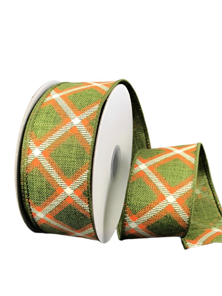 Orange and moss green plaid wired ribbon 1.5” - Greenery MarketWired ribbon61204-09-08