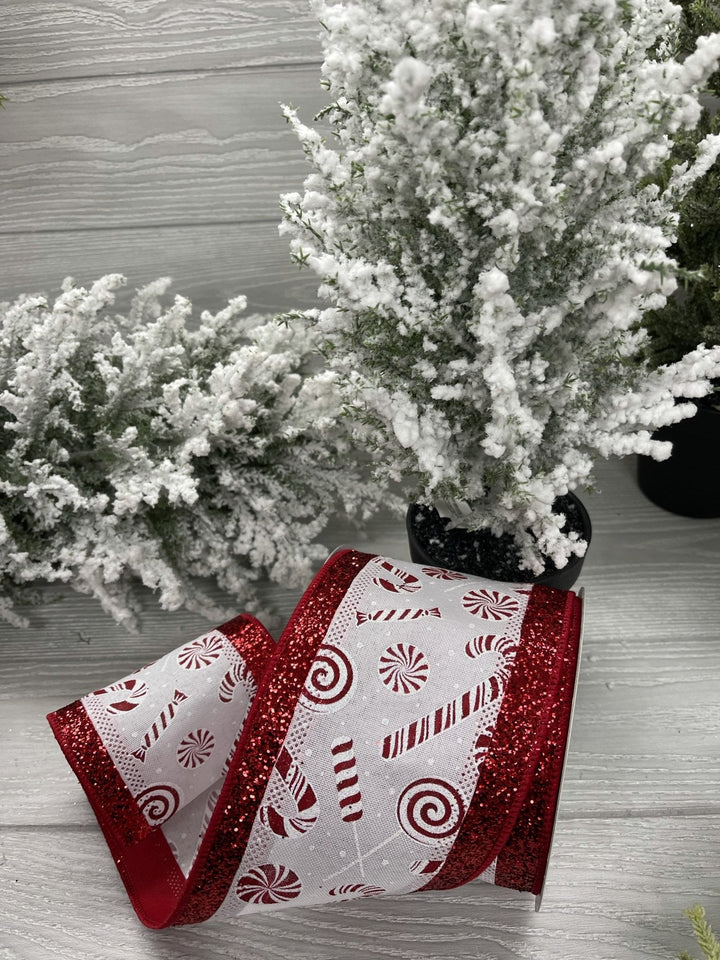 peppermint ribbon with glittered edge 4” - Greenery MarketWired ribbonmtx67776