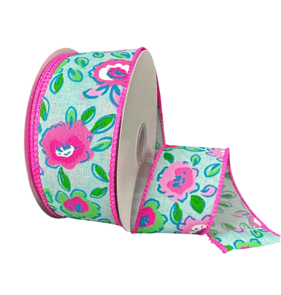 Pink And Blue Floral Wired Ribbon, 1.5” - Greenery Marketwired ribbon41547 - 09 - 45