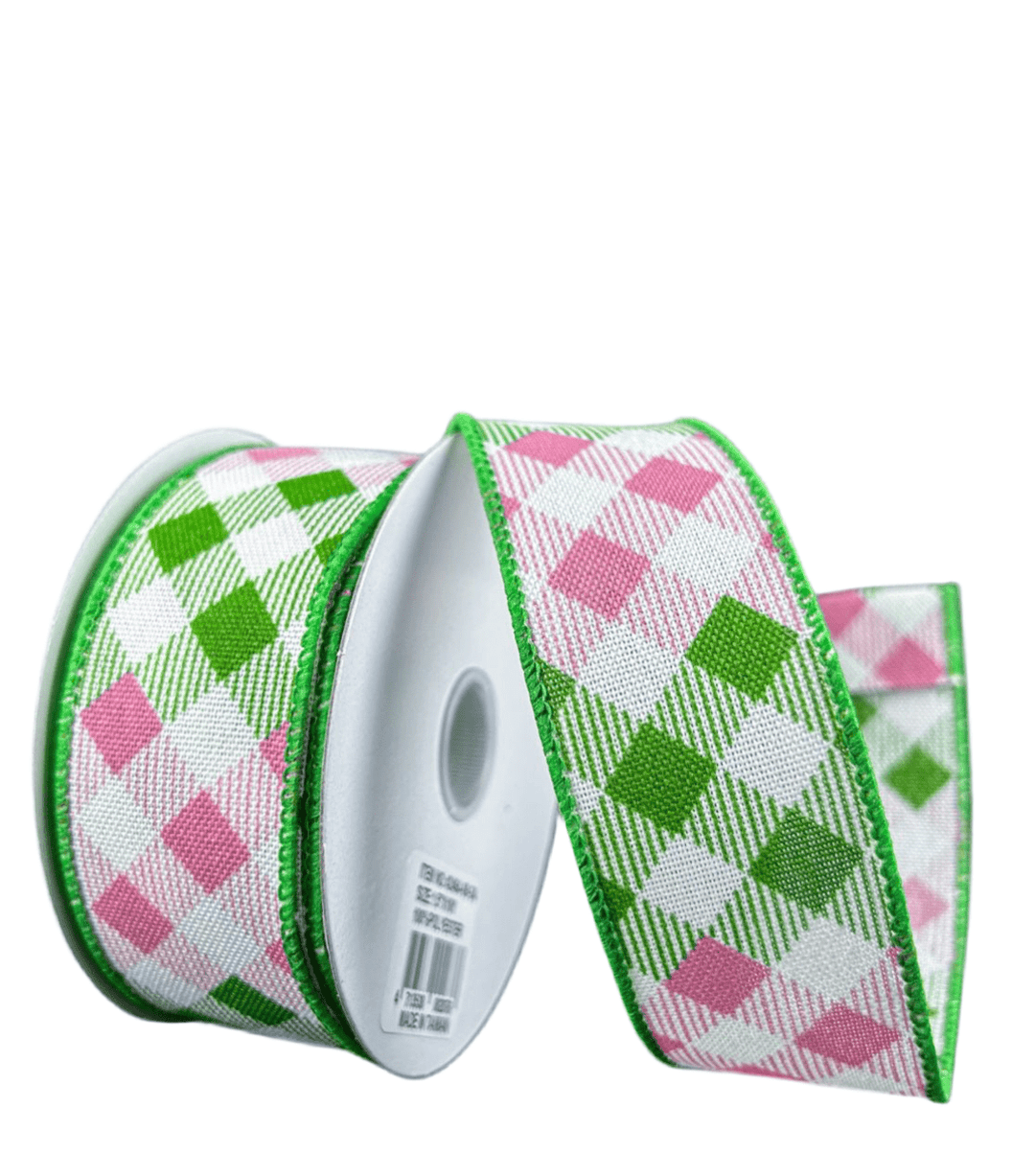 Pink and green diamond wired ribbon 1.5” - Greenery Marketwired ribbon42464 - 09 - 34