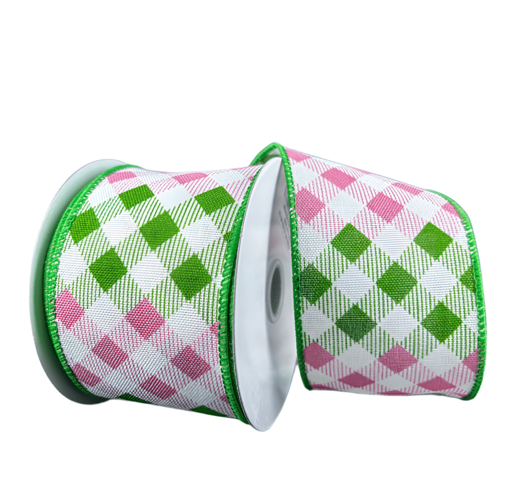 Pink and green diamond wired ribbon 2.5” - Greenery Marketwired ribbon42464 - 40 - 34