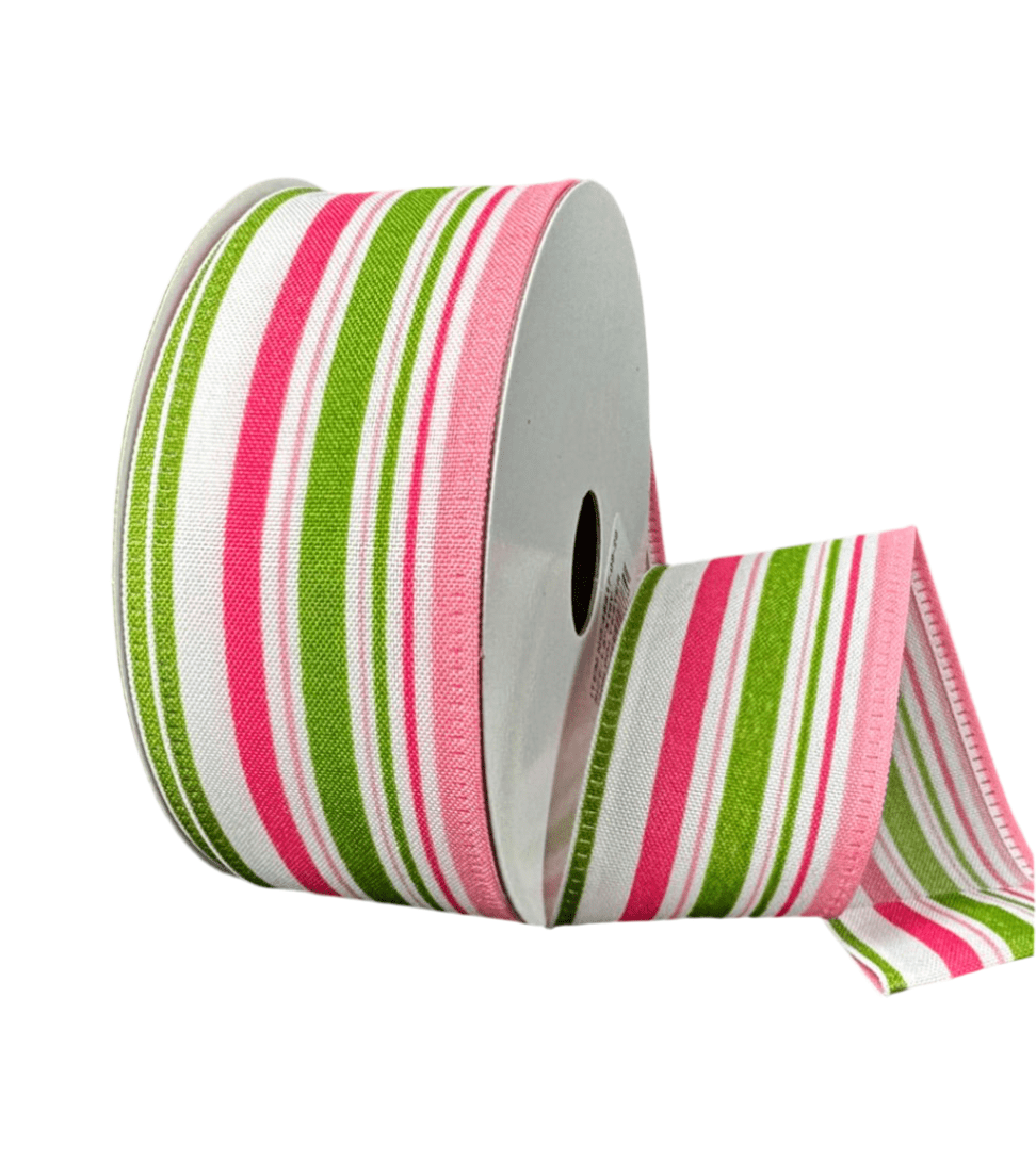 Pink and green stripe wired ribbon 1.5” - Greenery Marketwired ribbon46517 - 09 - 29
