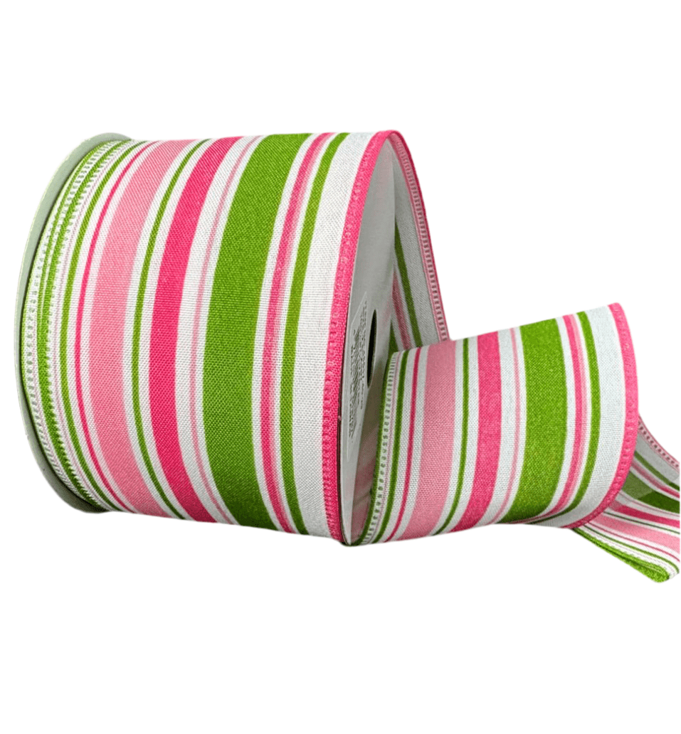 Pink and green stripe wired ribbon 2.5” - Greenery Marketwired ribbon46517 - 40 - 29