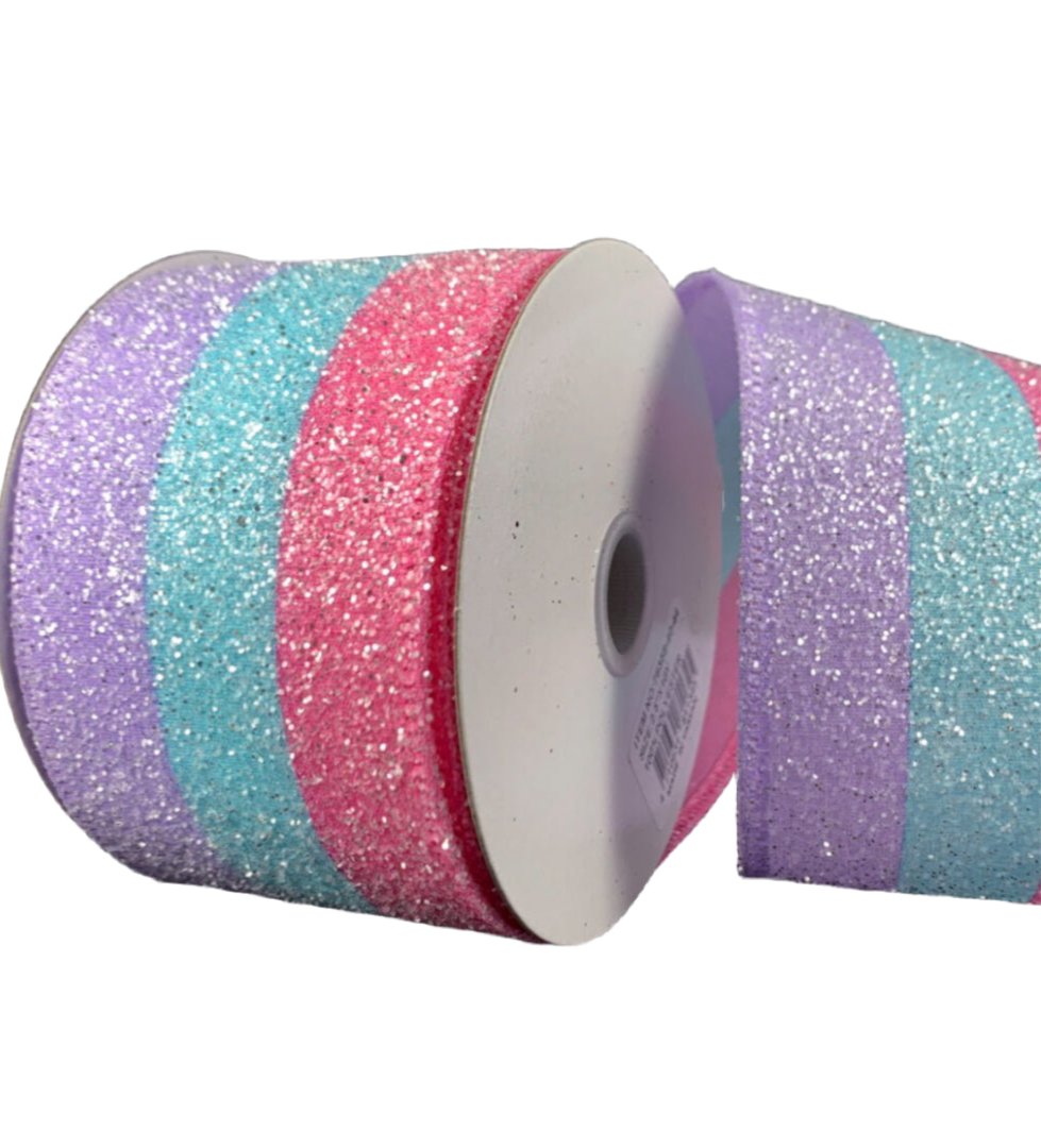 Pink lavender and blue glittered stripes wired ribbon, 2.5" - Greenery MarketWired ribbon76358-40-44