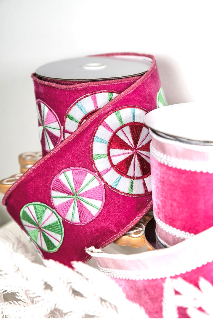 pink velvet with embroidered peppermints wired ribbon 4” - Greenery MarketMTX74591 HTPK
