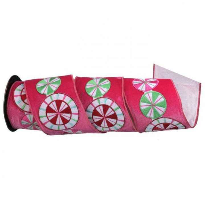pink velvet with embroidered peppermints wired ribbon 4” - Greenery MarketMTX74591 HTPK
