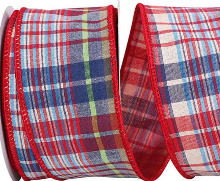 Plaid Red Blue Wired Ribnon - Greenery Market93848W - 653 - 40F