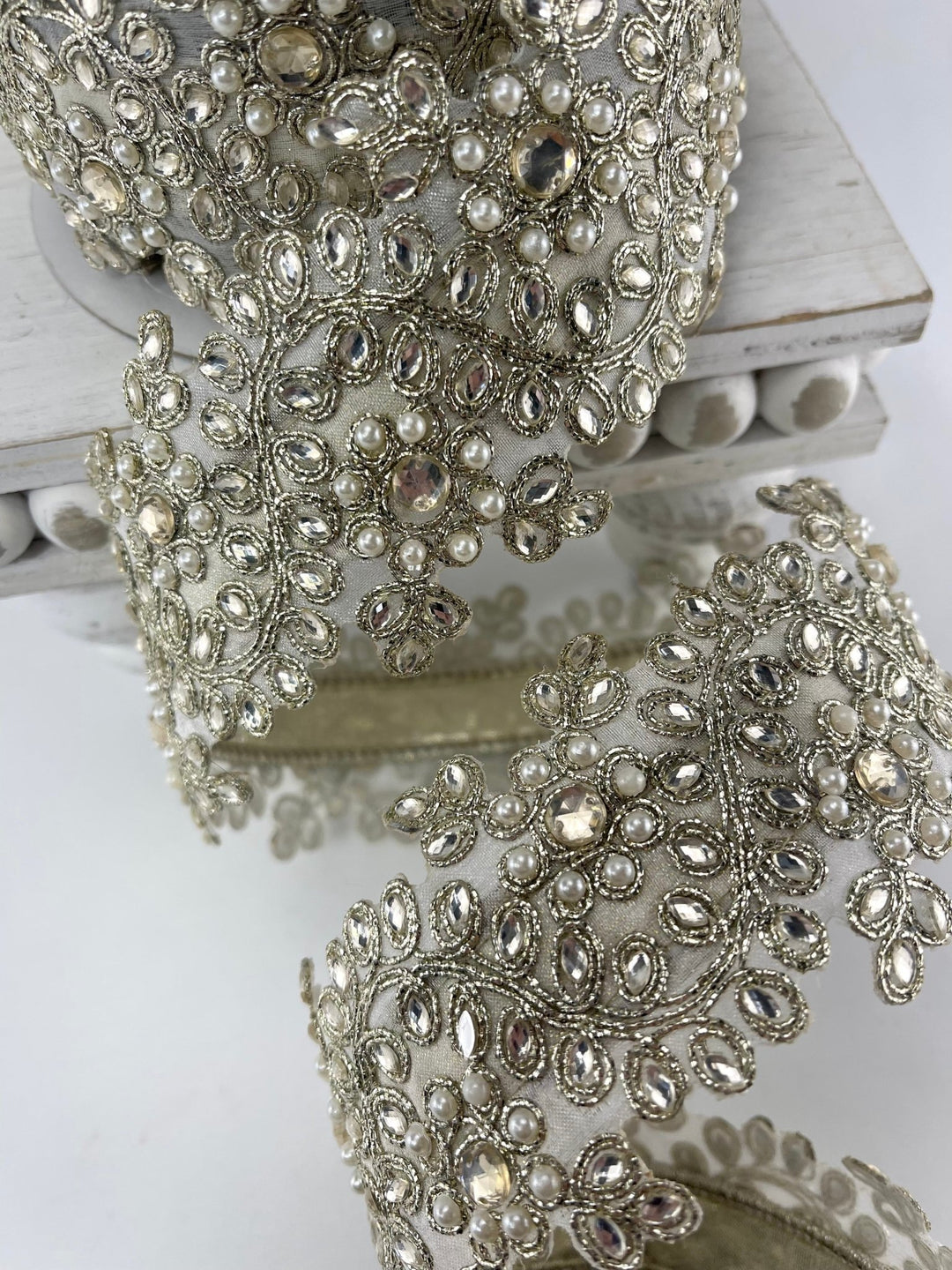 Platinum Farrisilk pearl and gem floral ribbon - 2.5” - Greenery Marketwired ribbonRK335 - 51