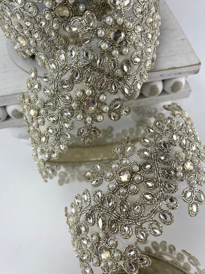 Platinum Farrisilk pearl and gem floral ribbon - 2.5” - Greenery Marketwired ribbonRK335 - 51