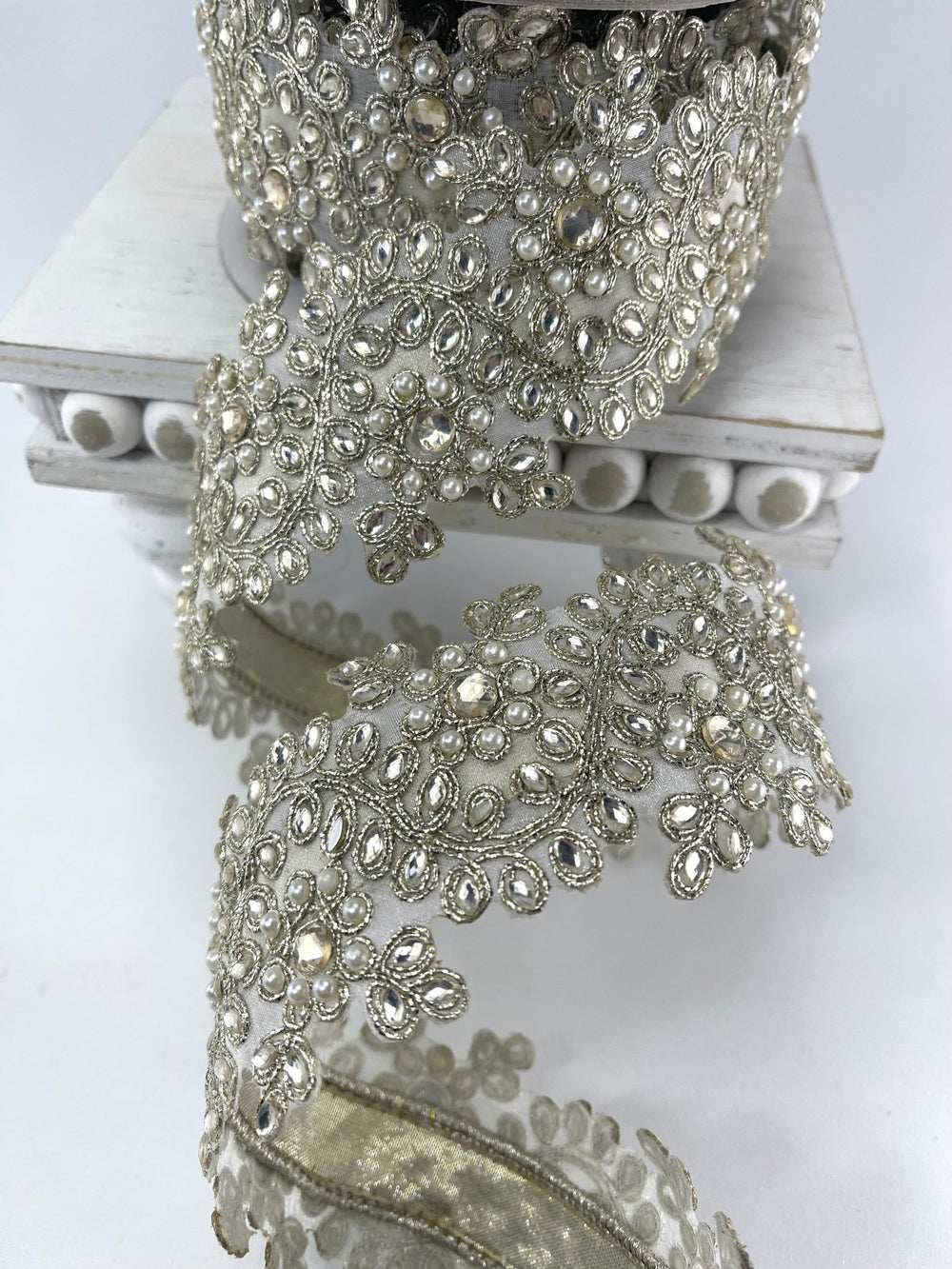 Platinum Farrisilk pearl and gem floral ribbon - 2.5” - Greenery Marketwired ribbonRK335 - 51