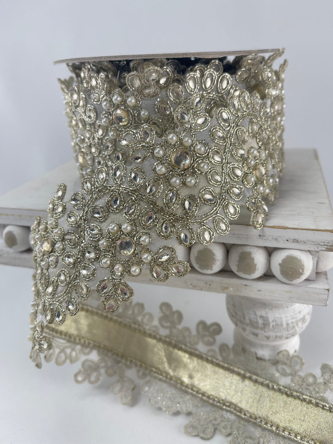 Platinum Farrisilk pearl and gem floral ribbon - 2.5” - Greenery Marketwired ribbonRK335 - 51