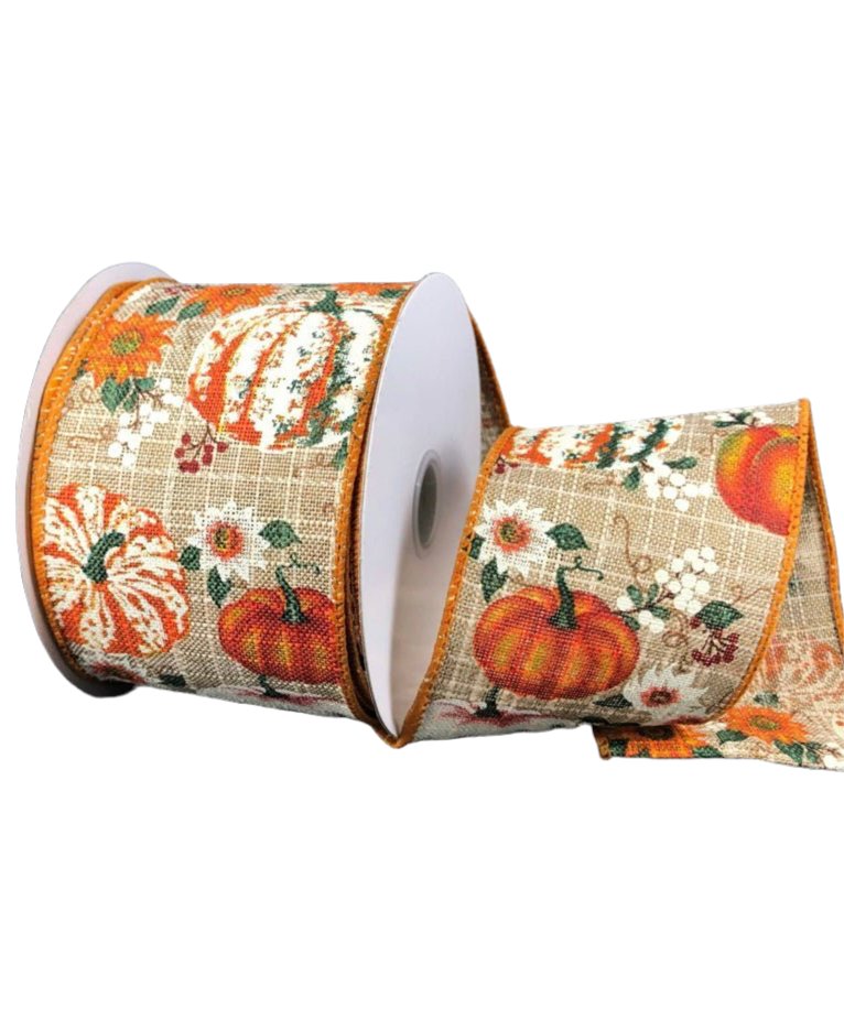 Pumpkins on natural 2.5” wired ribbon - Greenery MarketWired ribbon61209-40-31
