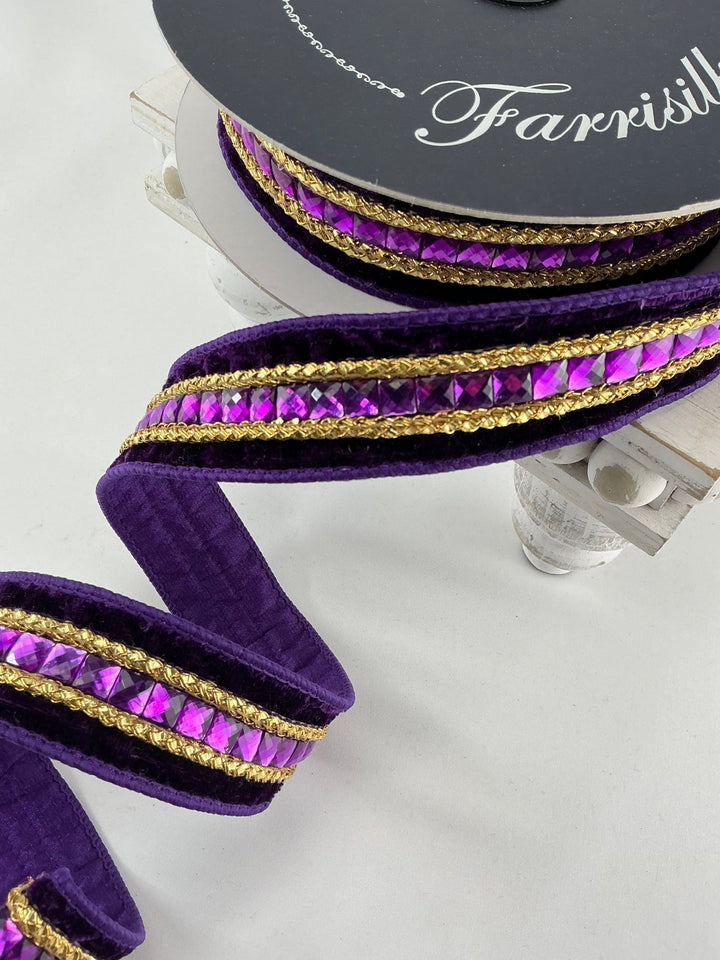 Purple velvet jewelry gemstones 1.5” farrisilk wired ribbon - Greenery MarketRibbons & TrimRG250 - 27