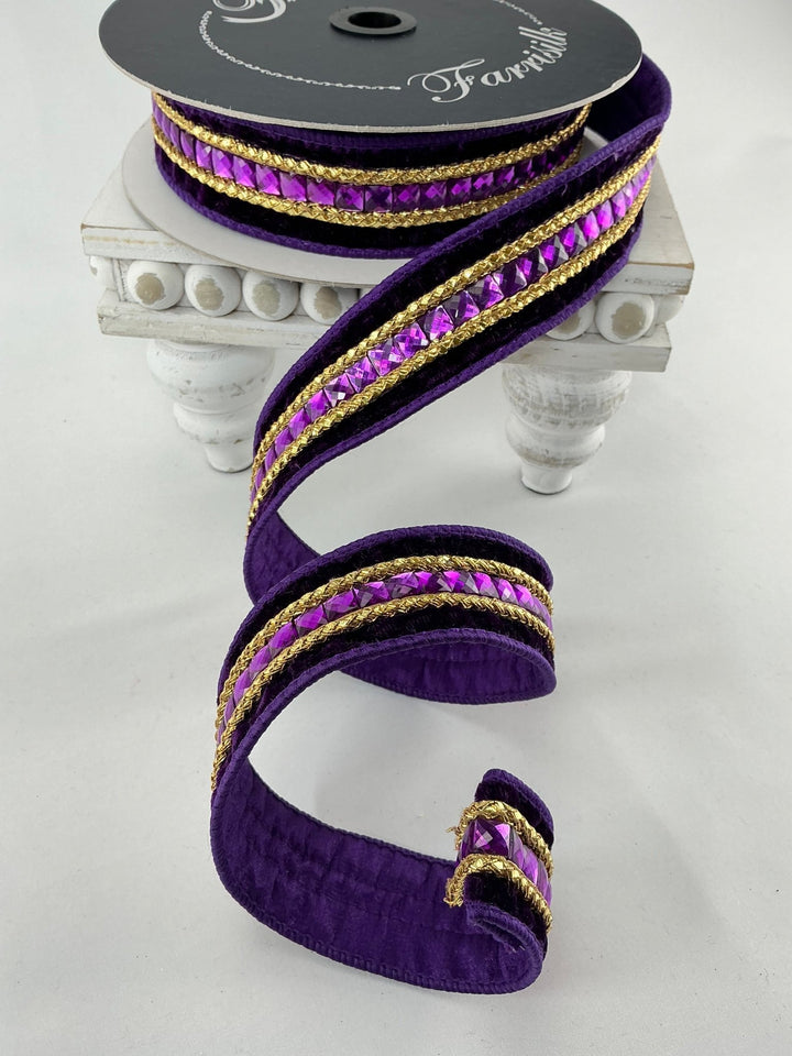 Purple velvet jewelry gemstones 1.5” farrisilk wired ribbon - Greenery MarketRibbons & TrimRG250 - 27