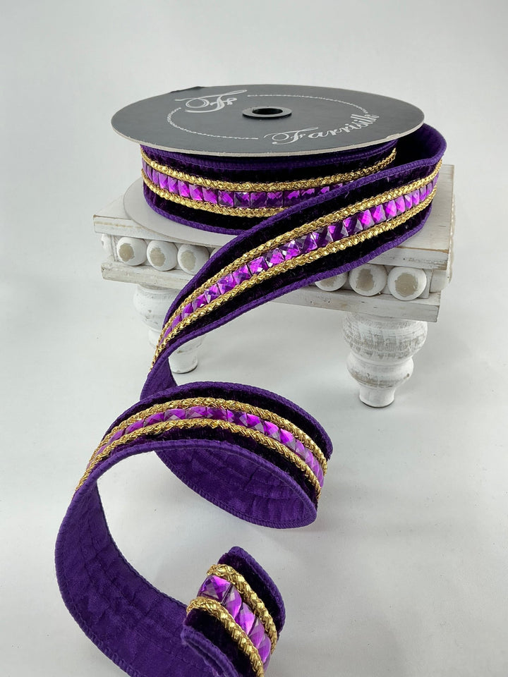 Purple velvet jewelry gemstones 1.5” farrisilk wired ribbon - Greenery MarketRibbons & TrimRG250 - 27