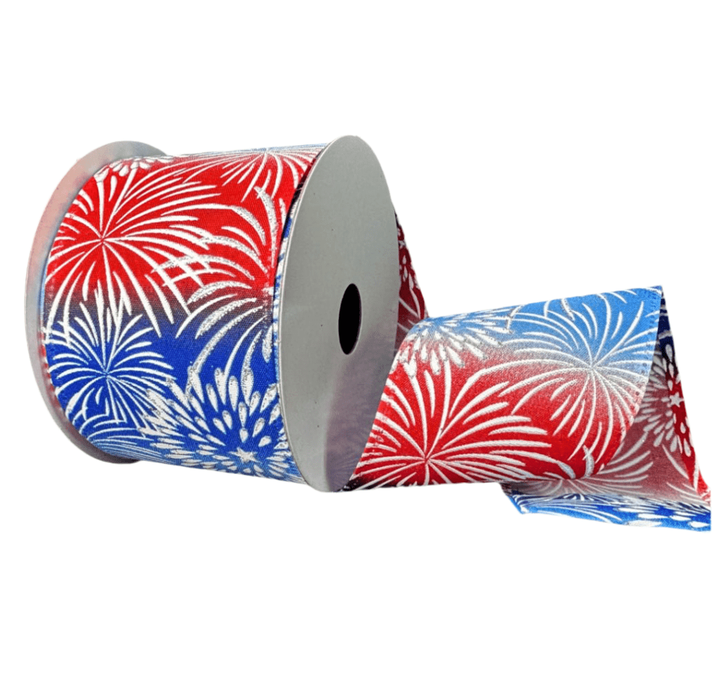Red And Blue Fireworks Wired Ribbon, 2.5” - Greenery Marketwired ribbon46505 - 40 - 04