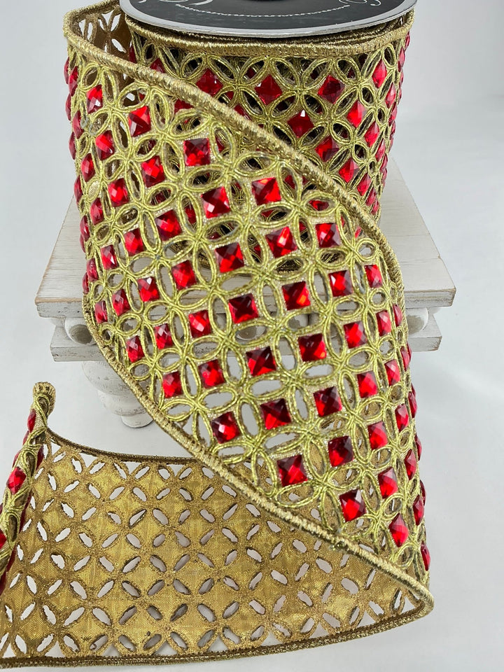 Red and gold, Farrisilk diamond lace tree ribbon - 4” - Greenery Marketwired ribbonRG240 - 84