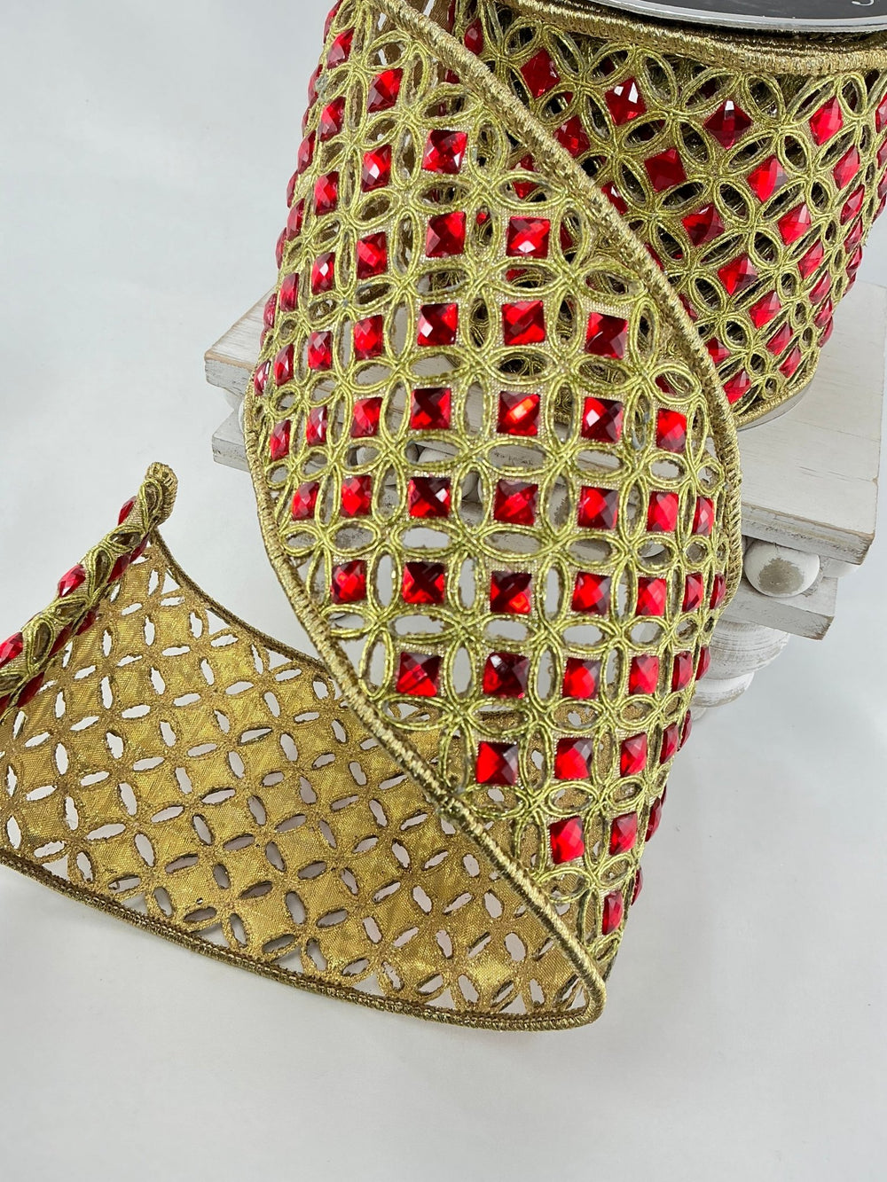 Red and gold, Farrisilk diamond lace tree ribbon - 4” - Greenery Marketwired ribbonRG240 - 84