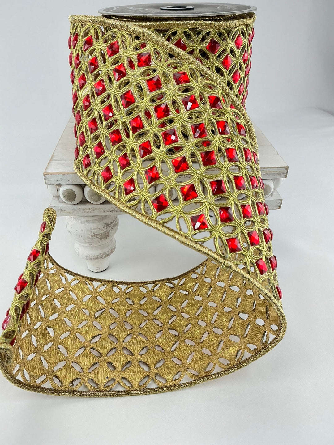 Red and gold, Farrisilk diamond lace tree ribbon - 4” - Greenery Marketwired ribbonRG240 - 84