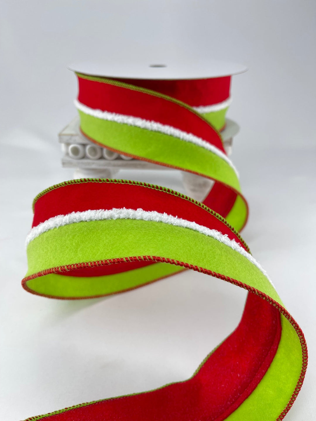 Red and green fur felt stripe wired ribbon - 2.5” - Greenery MarketMTX64987