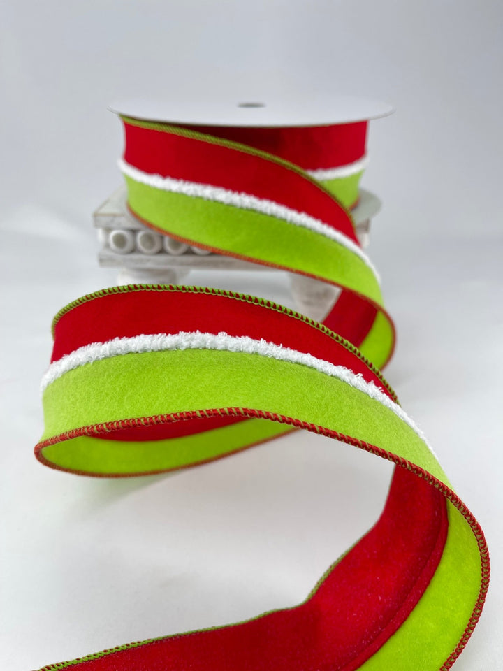 Red and green fur felt stripe wired ribbon - 2.5” - Greenery MarketMTX64987