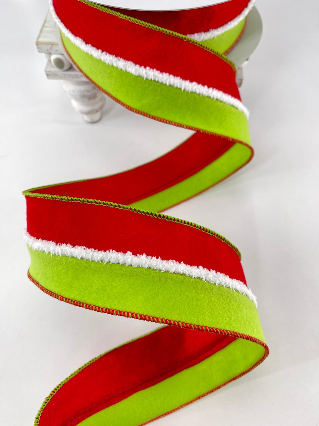 Red and green fur felt stripe wired ribbon - 2.5” - Greenery MarketMTX64987