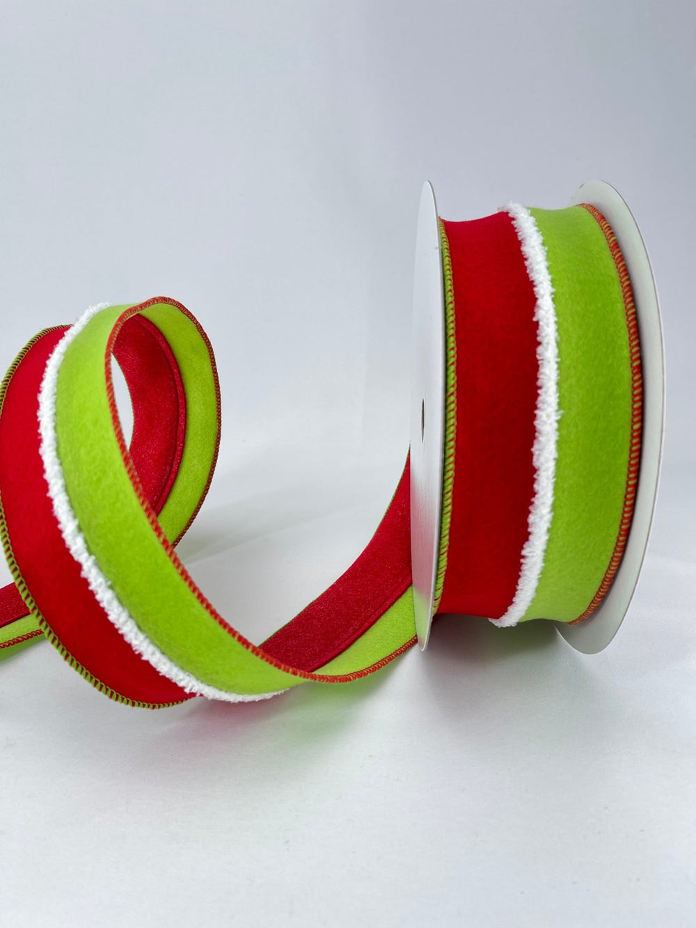 Red and green fur felt stripe wired ribbon - 2.5” - Greenery MarketMTX64987