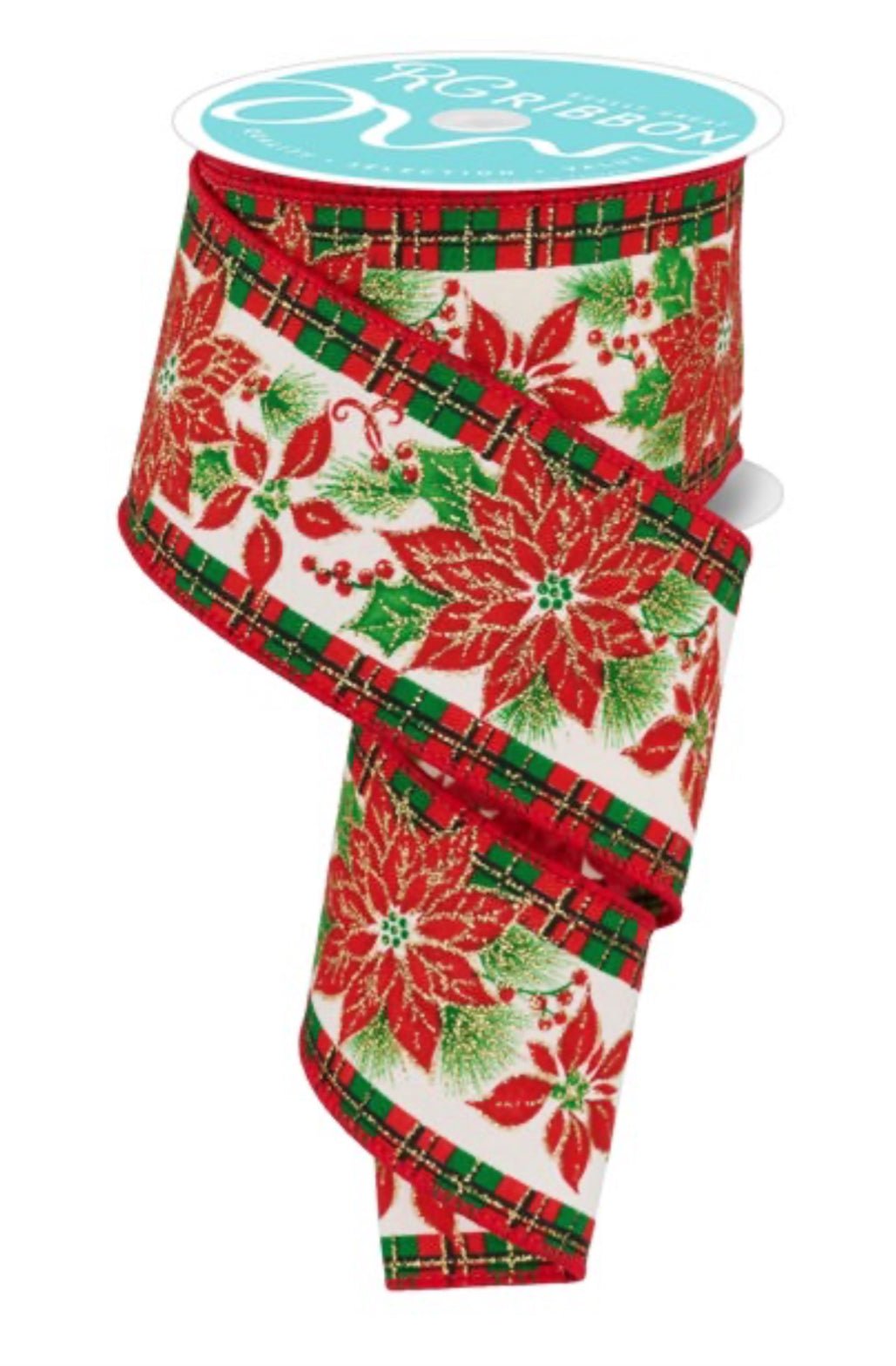 Red and green poinsettia wired ribbon - 2.5” - Greenery MarketWired ribbonRGF126130