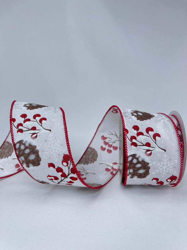 Red berries and snow pinecone wired ribbon 2.5” - Greenery MarketRibbons & Trim179622