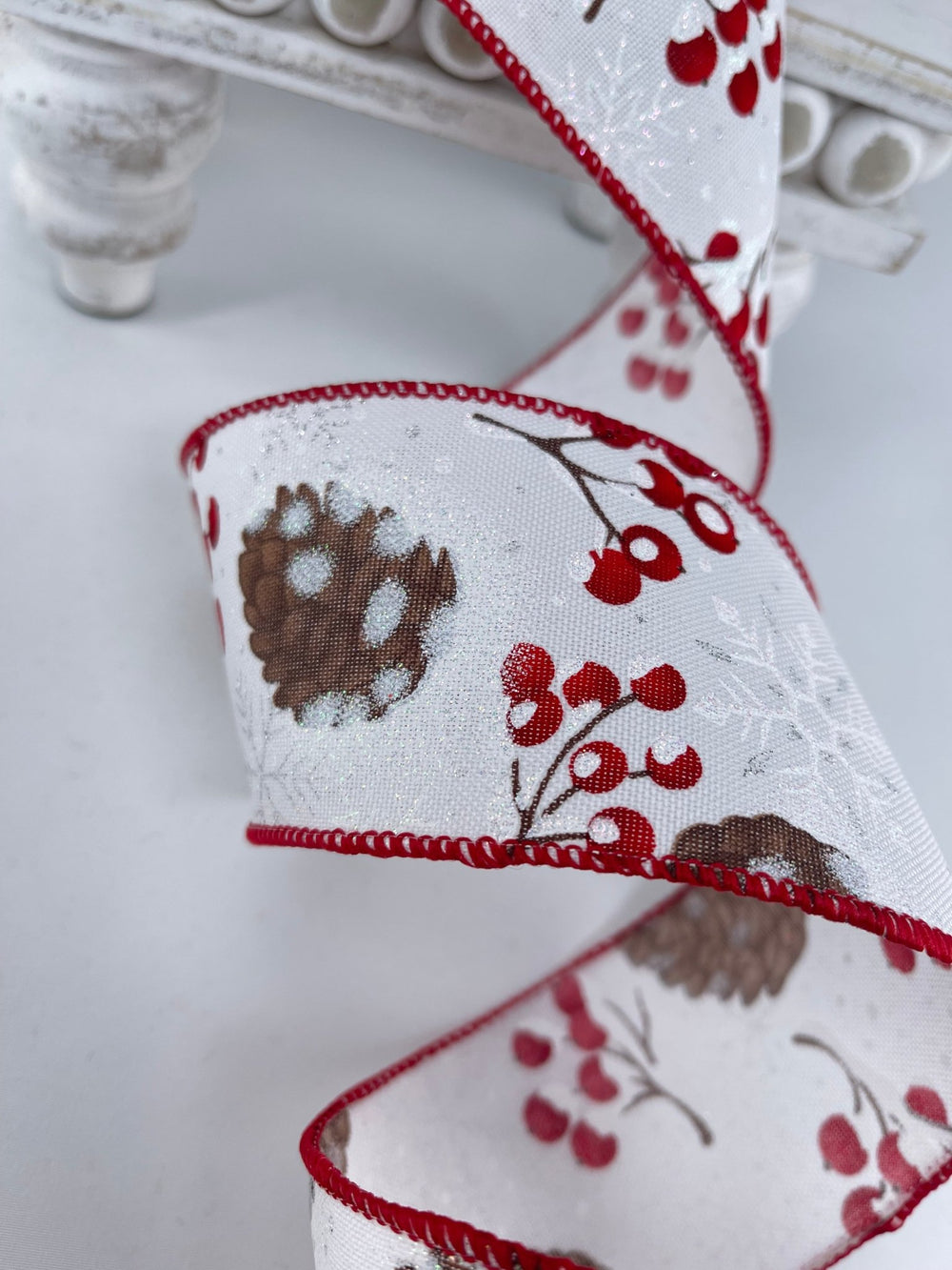 Red berries and snow pinecone wired ribbon 2.5” - Greenery MarketRibbons & Trim179622