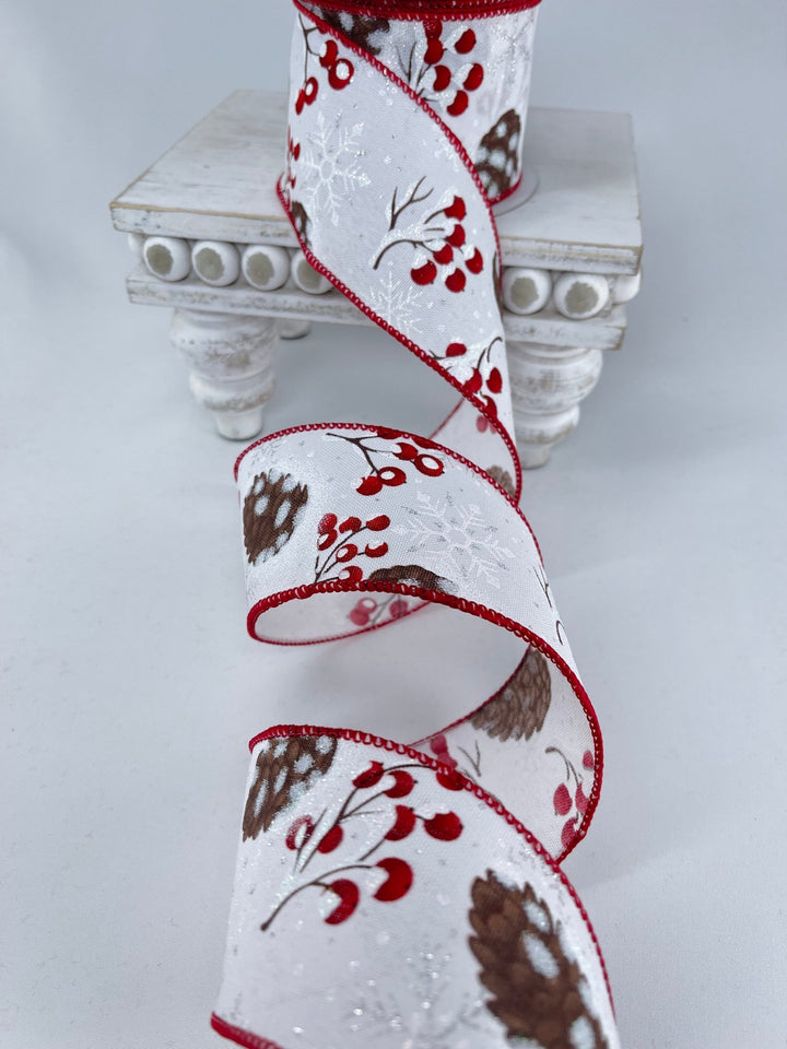 Red berries and snow pinecone wired ribbon 2.5” - Greenery MarketRibbons & Trim179622