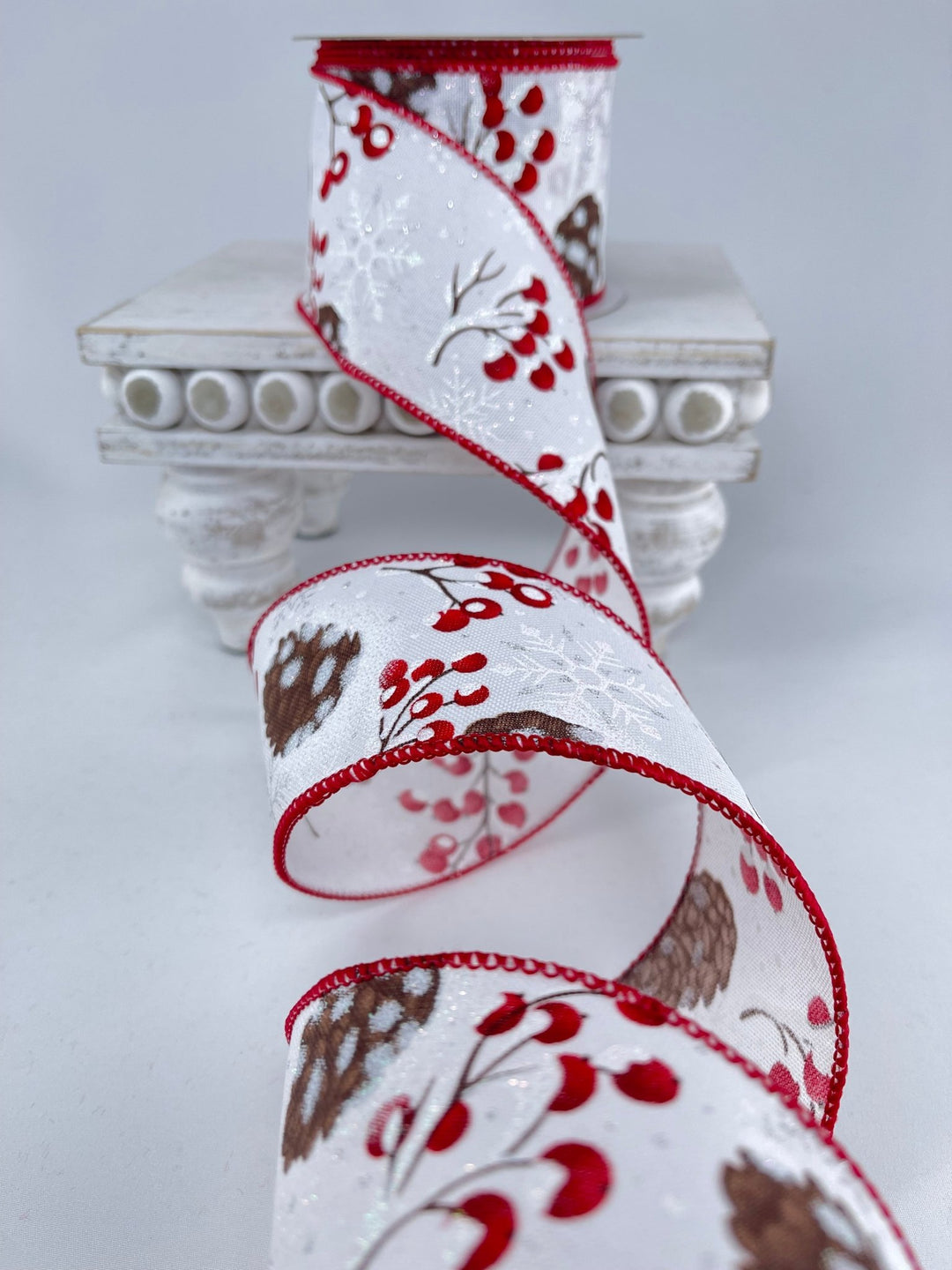Red berries and snow pinecone wired ribbon 2.5” - Greenery MarketRibbons & Trim179622