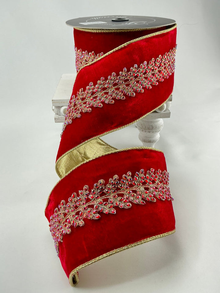 Red enchanted vines crystal 4” farrisilk wired ribbon - Greenery MarketRibbons & TrimRK744 - 02