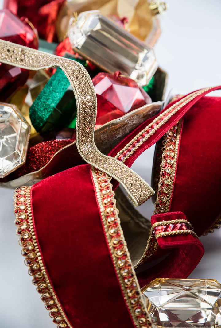 Red Farrisilk king edwards velvet tree ribbon - 4” - Greenery Marketwired ribbonRK340 - 02