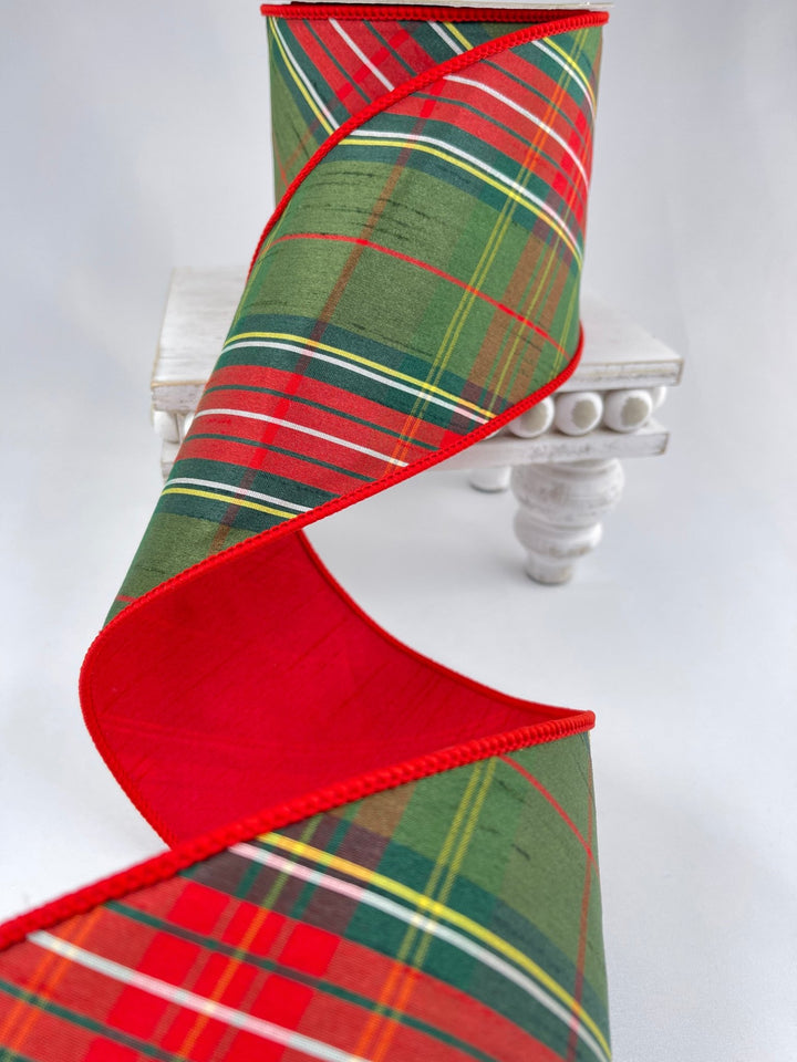 Red green holiday plaid ribbon - 4” - Greenery MarketWired ribbon236670