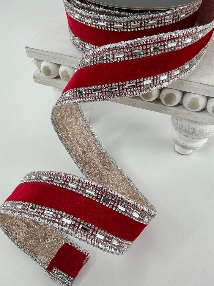 Red shimmering jewels trim 1.5” farrisilk wired ribbon - Greenery MarketRibbons & TrimRC177 - 02
