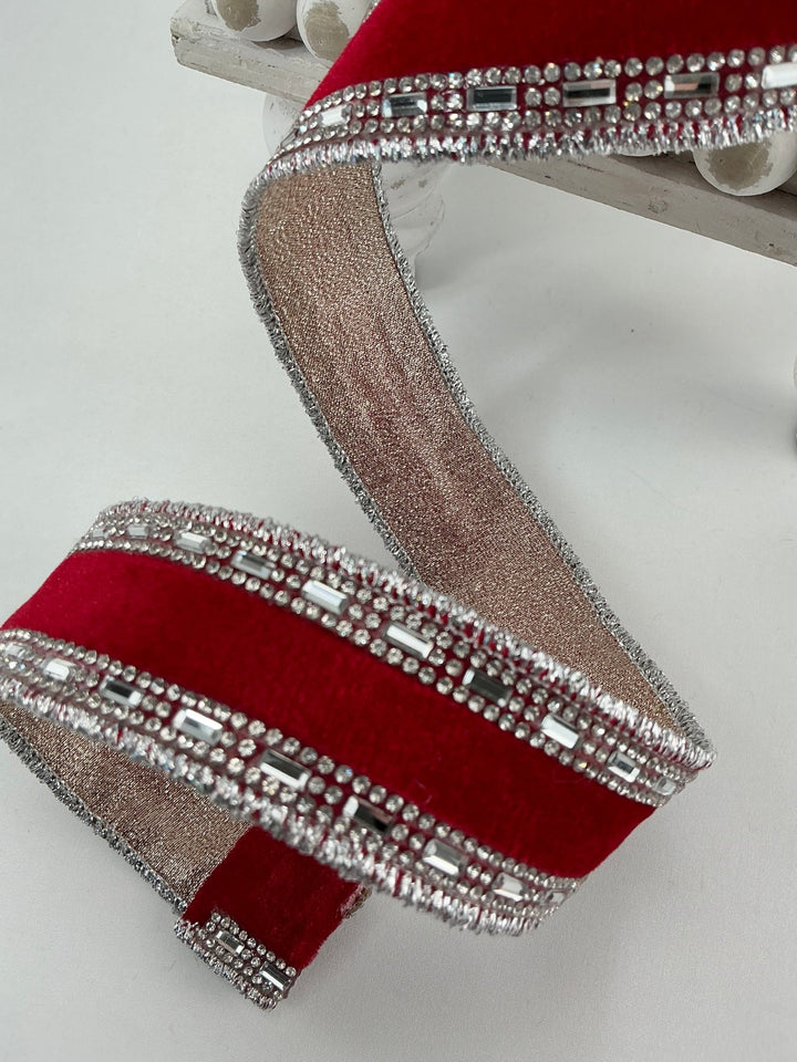 Red shimmering jewels trim 1.5” farrisilk wired ribbon - Greenery MarketRibbons & TrimRC177 - 02