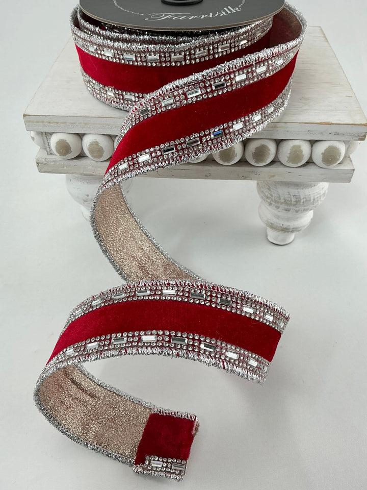 Red shimmering jewels trim 1.5” farrisilk wired ribbon - Greenery MarketRibbons & TrimRC177 - 02