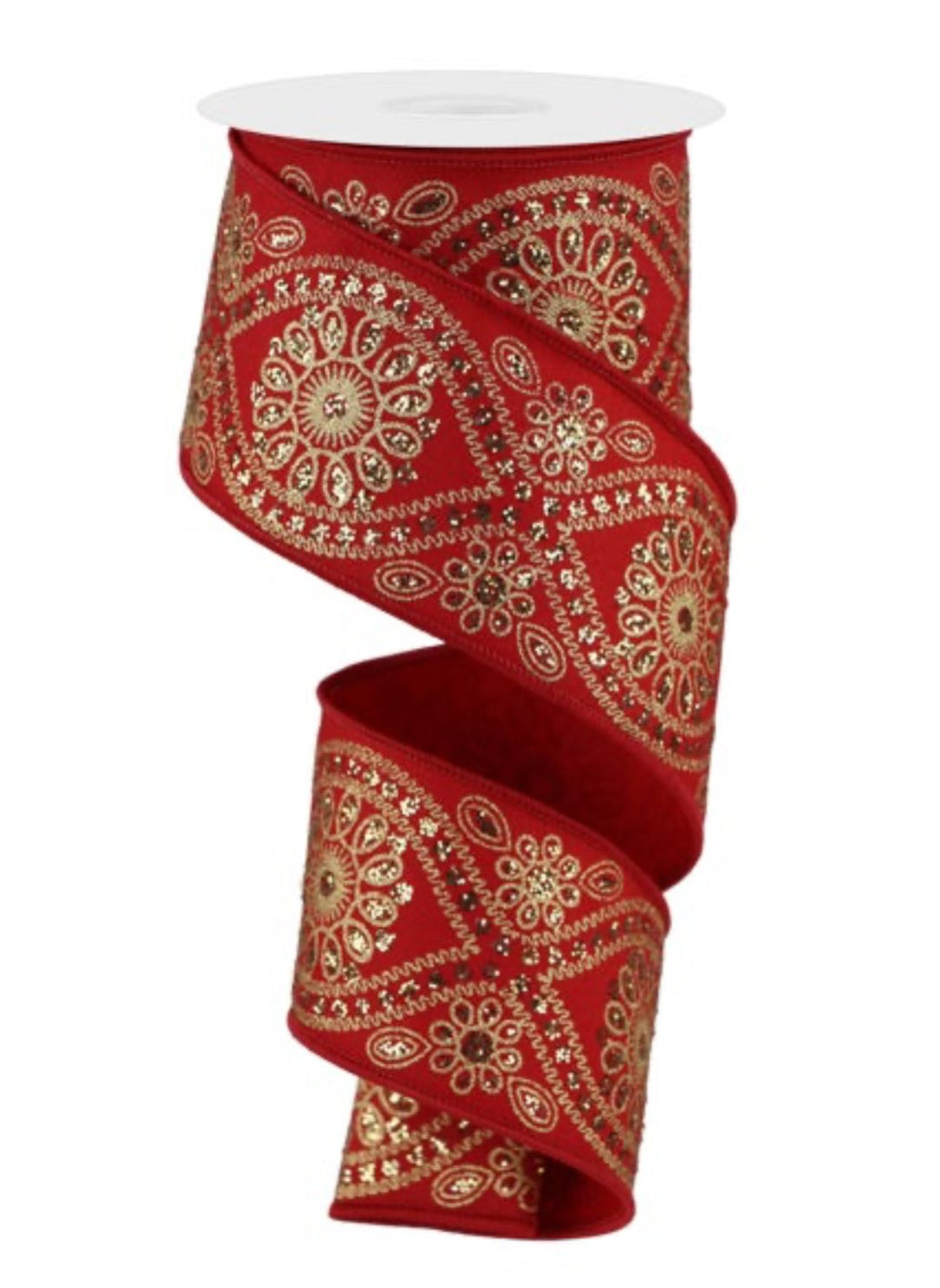 Red with gold floral wired ribbon 2.5” - Greenery MarketRGE196230