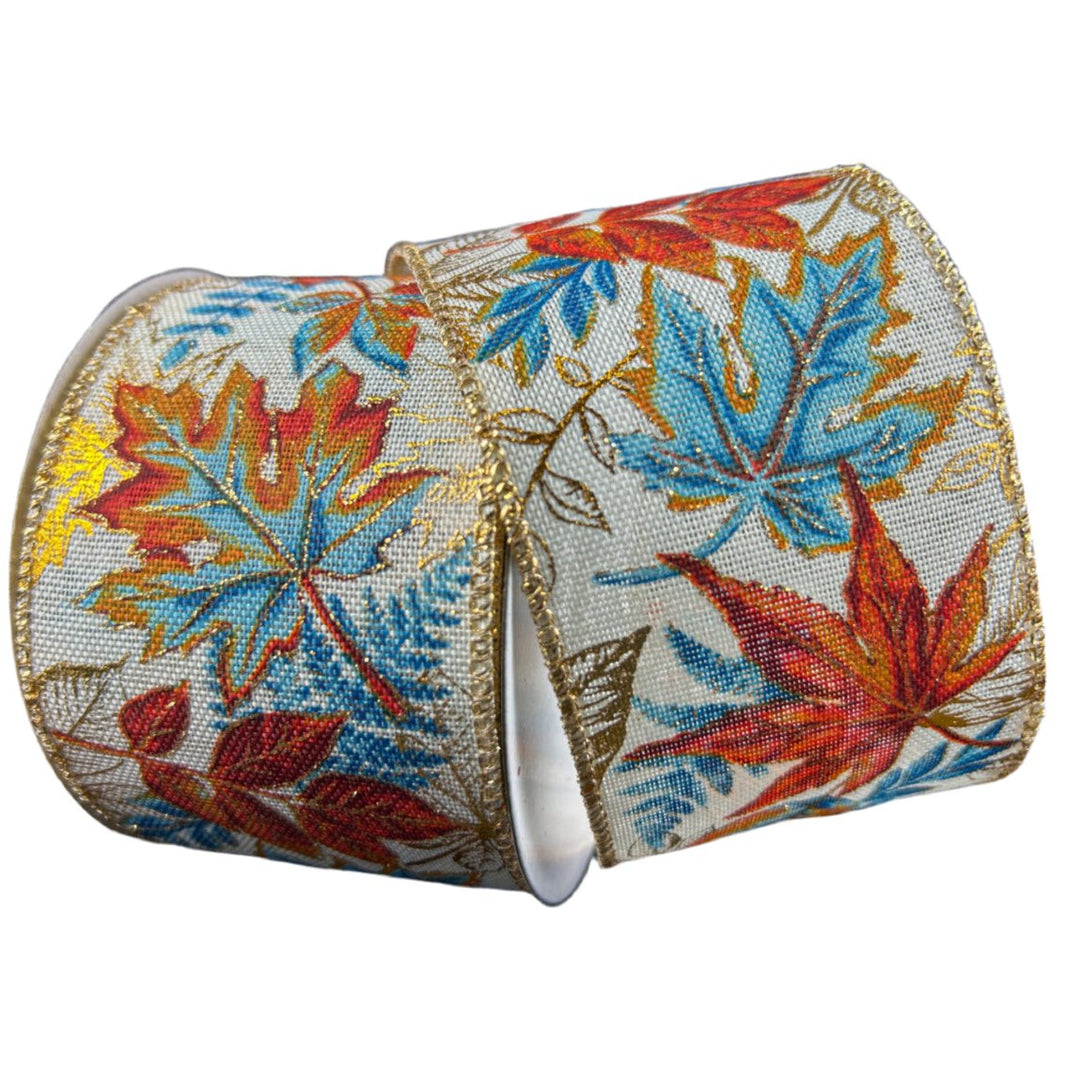 Rust and blue leaves with gold accents wired ribbon, 2.5" - Greenery MarketWired ribbon61407 - 40 - 05