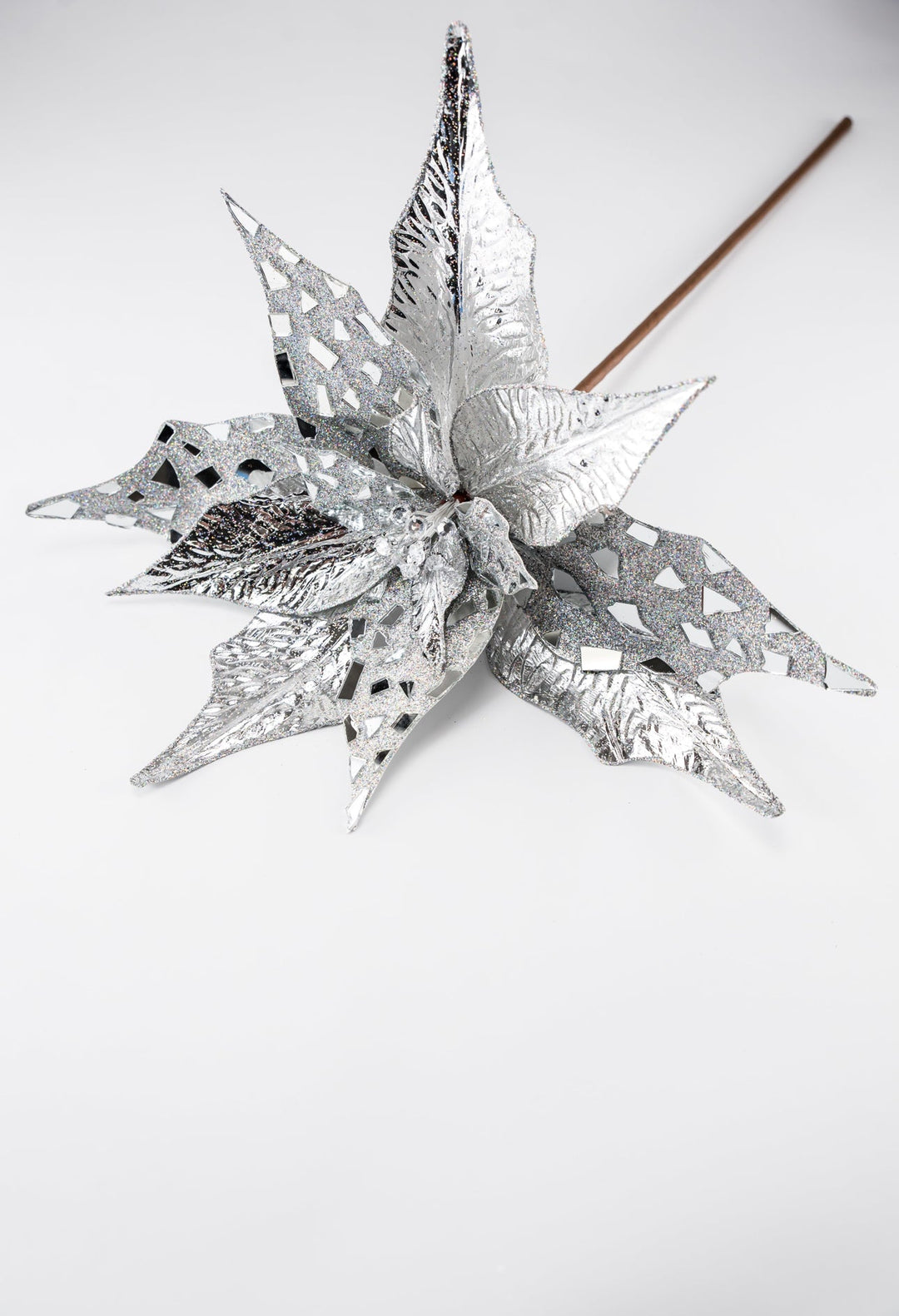 Silver metallic jewel statement poinsettia stem - Greenery MarketWinter and ChristmasMTX72888 SILV