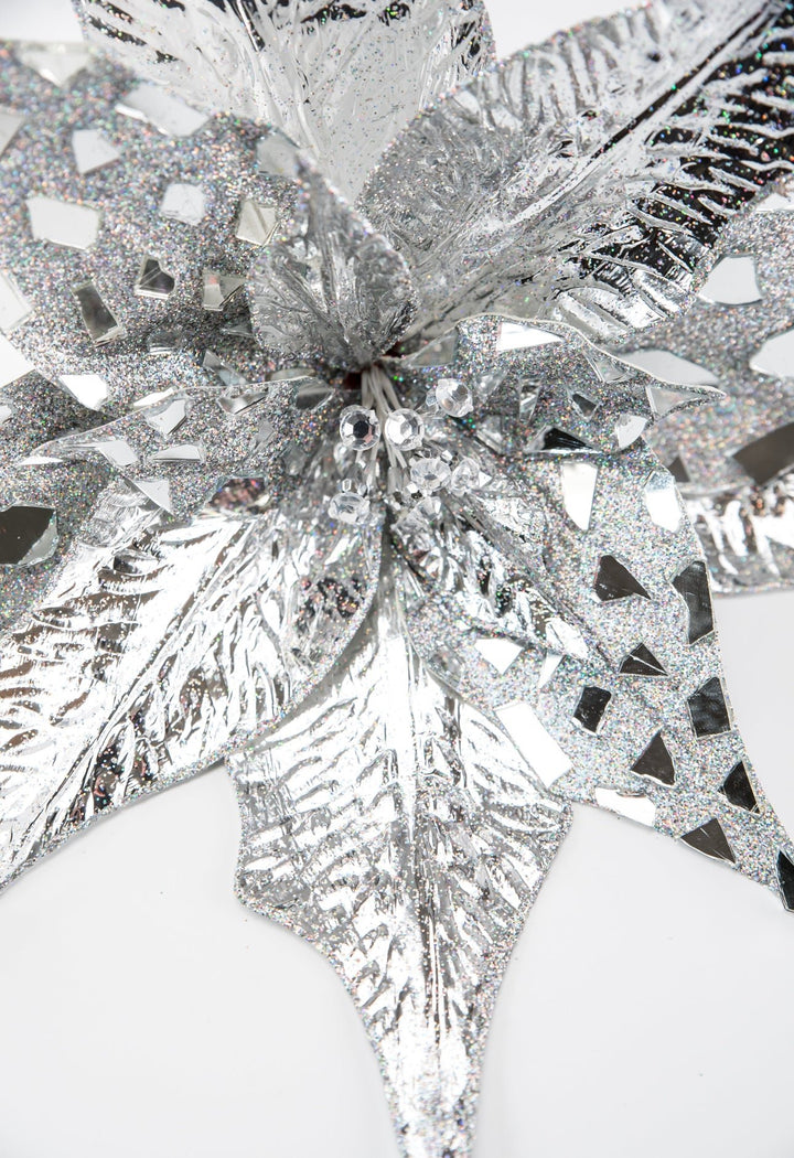 Silver metallic jewel statement poinsettia stem - Greenery MarketWinter and ChristmasMTX72888 SILV
