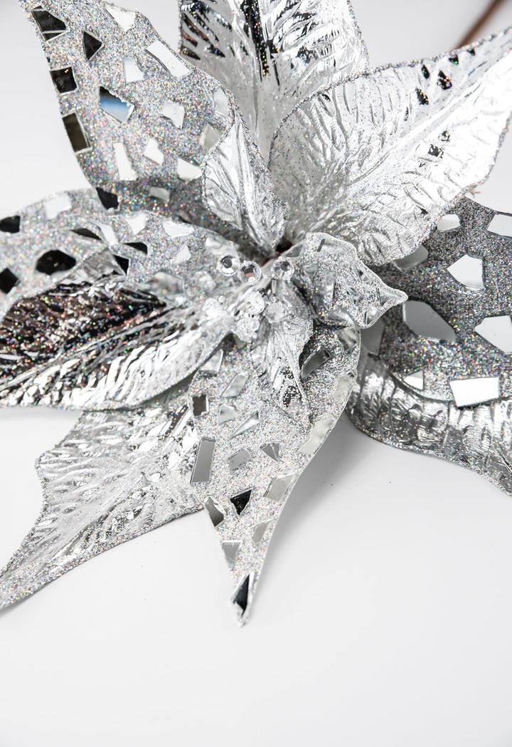 Silver metallic jewel statement poinsettia stem - Greenery MarketWinter and ChristmasMTX72888 SILV