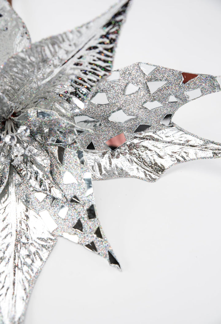Silver metallic jewel statement poinsettia stem - Greenery MarketWinter and ChristmasMTX72888 SILV