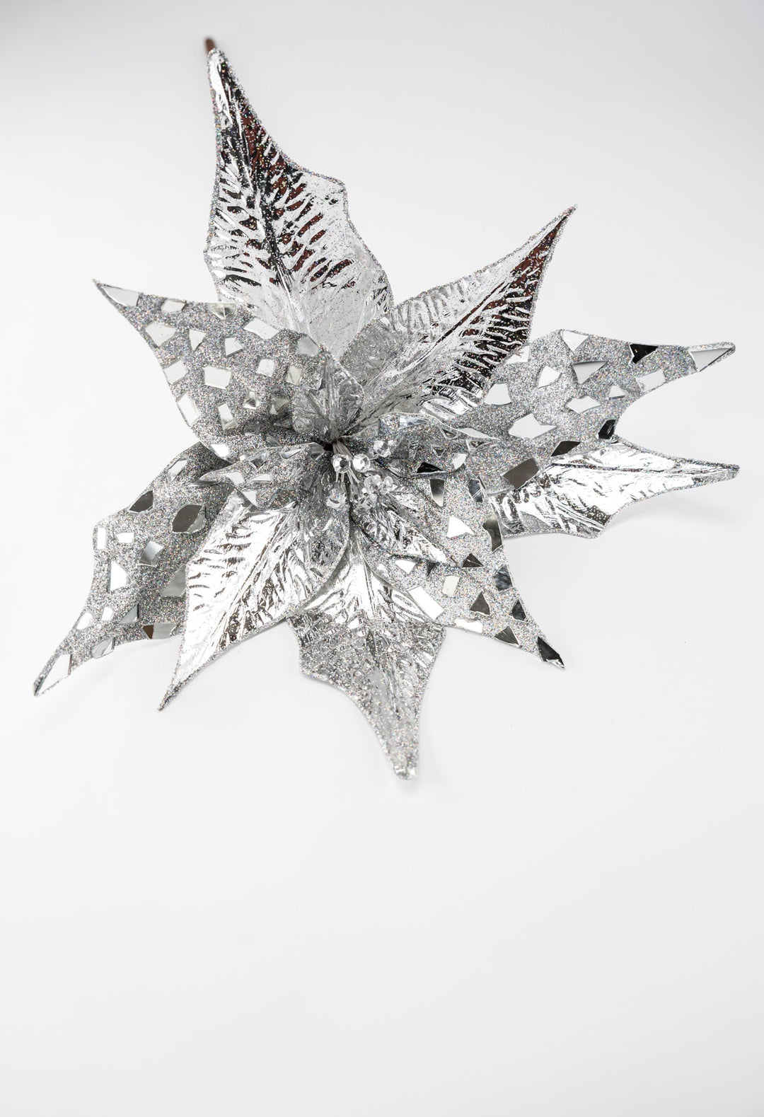 Silver metallic jewel statement poinsettia stem - Greenery MarketWinter and ChristmasMTX72888 SILV