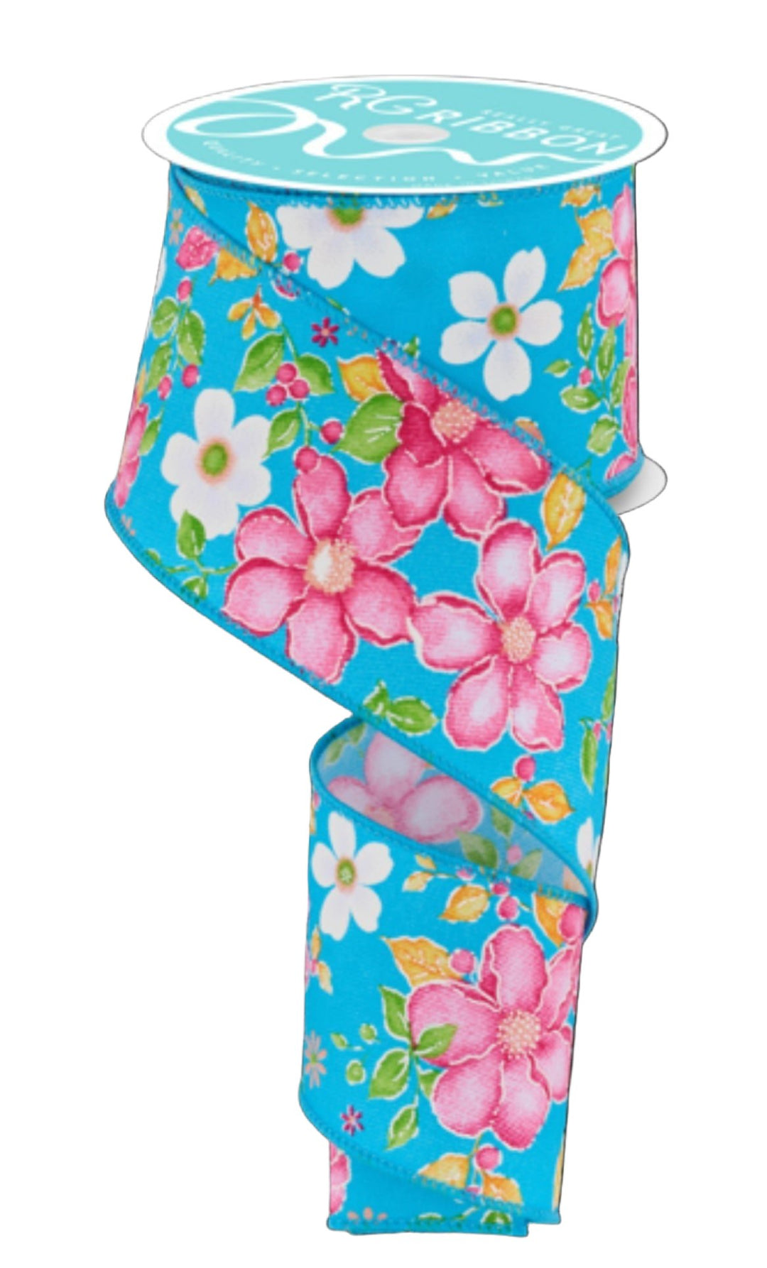 Turquoise Blue Watercolor flowers wired ribbon 2.5” - Greenery MarketWired ribbonRgf115734