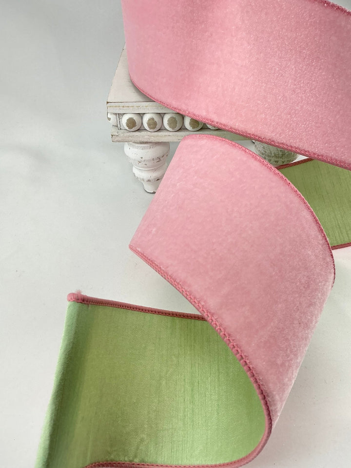 Two tone, sherbet mint and pink plush velvet luster 4” farrisilk wired ribbon - Greenery MarketRibbons & TrimRK742 - 64