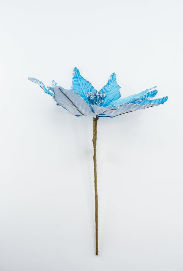 Velvet poinsettia pick - blue - Greenery Market85730BL