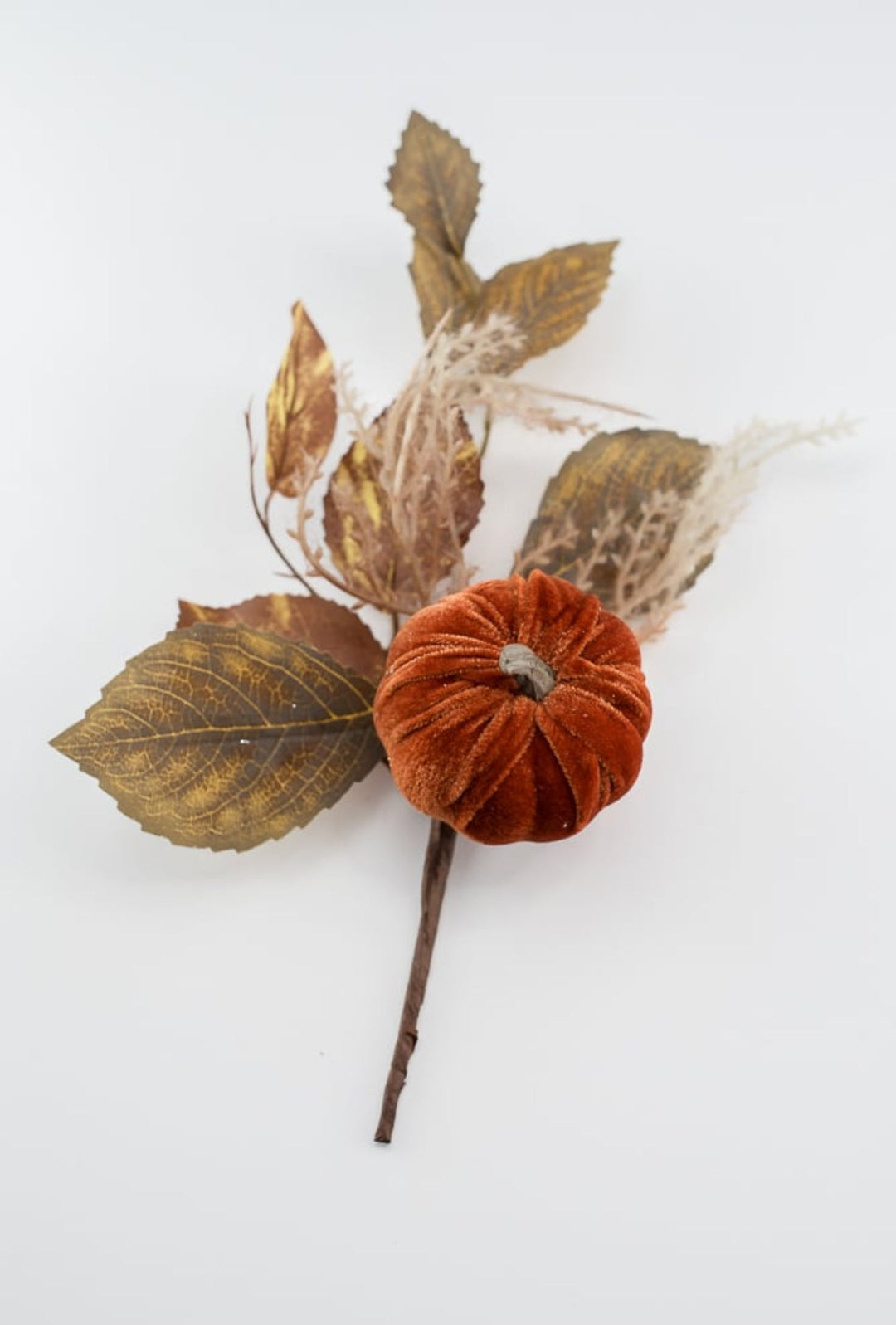 Velvet pumpkin and leaves pick - Greenery MarketArtificial Flora84453 - DK.BRN