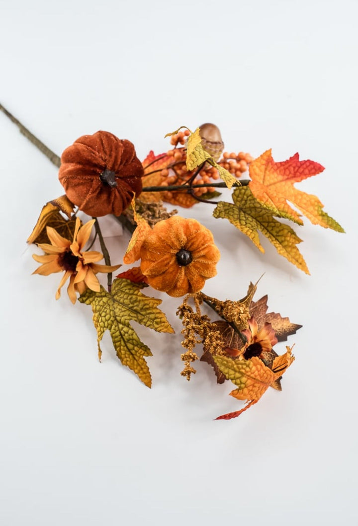 Velvet pumpkins and leaves pick - Greenery MarketArtificial Flora64198